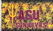 Load image into Gallery viewer, 3x5 ASU Flag with ASU Sun Devils Logo and Fire Background
