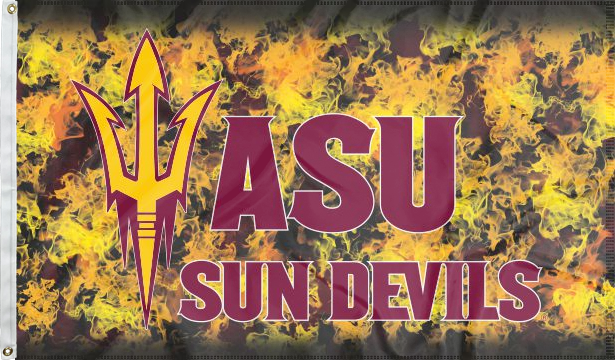 3x5 ASU Flag with ASU Sun Devils Logo and Fire Background