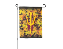 Load image into Gallery viewer, 13x18 ASU Garden Flag with ASU Pitchfork Logo and Fire Background
