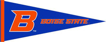 Load image into Gallery viewer, Blue and Orange 12x30 inch Boise State University Pennant with B Boise State Logo
