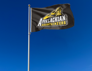 Black 3x5 foot wide Appalachian State University Mountaineers Flag with Two Metal Grommets attached to a flagpole as it waves in the wind