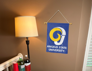 Blue 13x18 inch long Angelo State University Garden Flag hung on banner pole inside a well-lit room