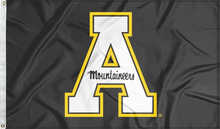 Load image into Gallery viewer, Black 3x5 foot Appalachian State University Flag with Two Metal grommets &amp; A mountaineers logo
