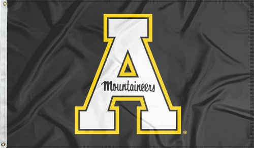 Black 3x5 foot Appalachian State University Flag with Two Metal grommets & A mountaineers logo