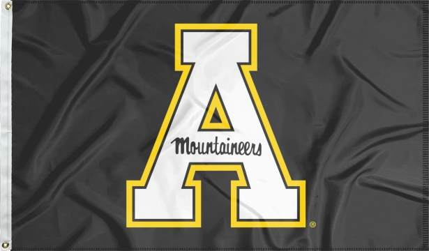 Black 3x5 foot Appalachian State University Flag with Two Metal grommets & A mountaineers logo