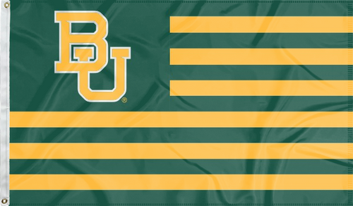 3x5 foot wide Baylor University Flag with green & gold USA flag style 13 stripes and two metal grommets