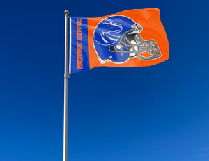 2 Panel Blue and Orange 3x5 foot Boise State University Football Flag with two metal grommets attached to flagpole waving in the wind