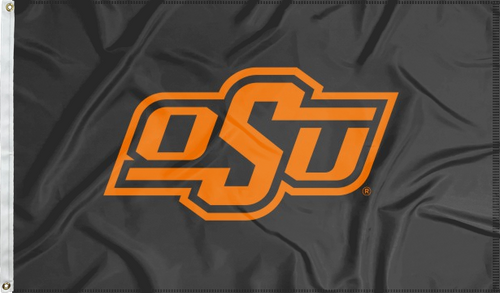 Black 3x5 feet wide Oklahoma State University Flag with OSU Logo and two metal grommets for indoor home decor