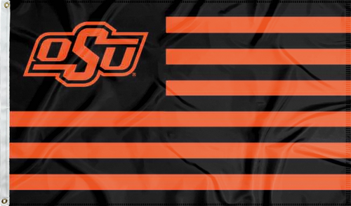 Oklahoma State University Flag with seven black stripes six orange stripes and two metal grommets