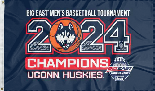 Navy blue 3x5 foot wide UCONN flag with big east men's basketball tournament 2024 champions uconn huskies logo and two metal grommets