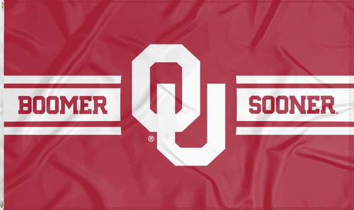 Red 3x5 University of Oklahoma flag with OU Boomer Sooner logo and two metal grommets