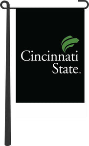 Black Cincinnati State Technical and Community College Garden Flag hanging on Garden Flag Stand