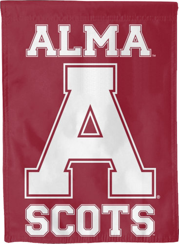 Maroon 30x40 inch long Alma College House Flag with Alma A Scots Logo