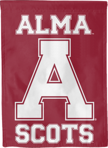 Maroon 30x40 inch long Alma College House Flag with Alma A Scots Logo