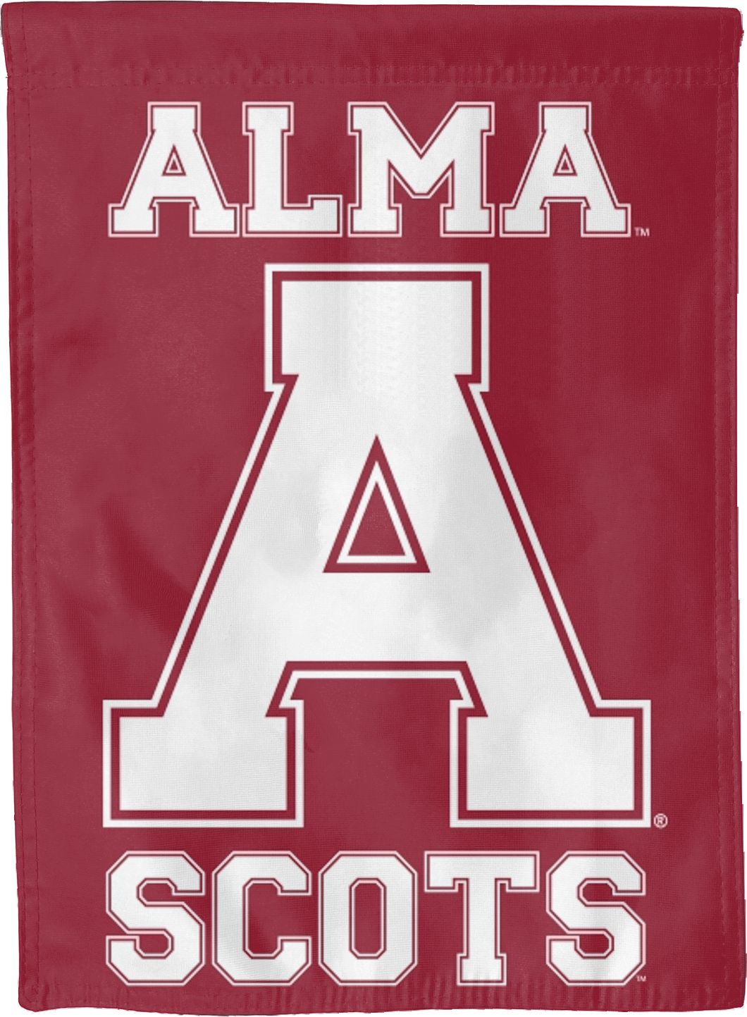 Maroon 30x40 inch long Alma College House Flag with Alma A Scots Logo