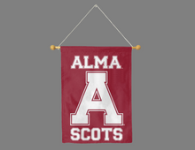 Load image into Gallery viewer, Maroon 30x40 inch long Alma College House Flag with Alma A Scots Logo hanging on a banner pole
