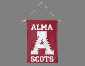 Maroon 30x40 inch long Alma College House Flag with Alma A Scots Logo hanging on a banner pole