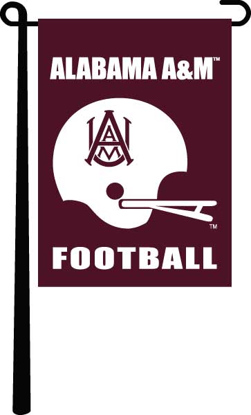 Maroon 13x18 inch long Alabama A&M University Football Garden hanging on a black Garden Flag Stand