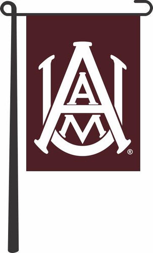 Maroon 13x18 inch long Alabama A&M University Garden Flag hanging on a Garden flag stand