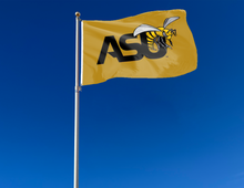 Load image into Gallery viewer, Gold ASU Alabama State University Hornets 3x5 Flag with Two Metal Grommets attached to a flagpole waving in the wind 
