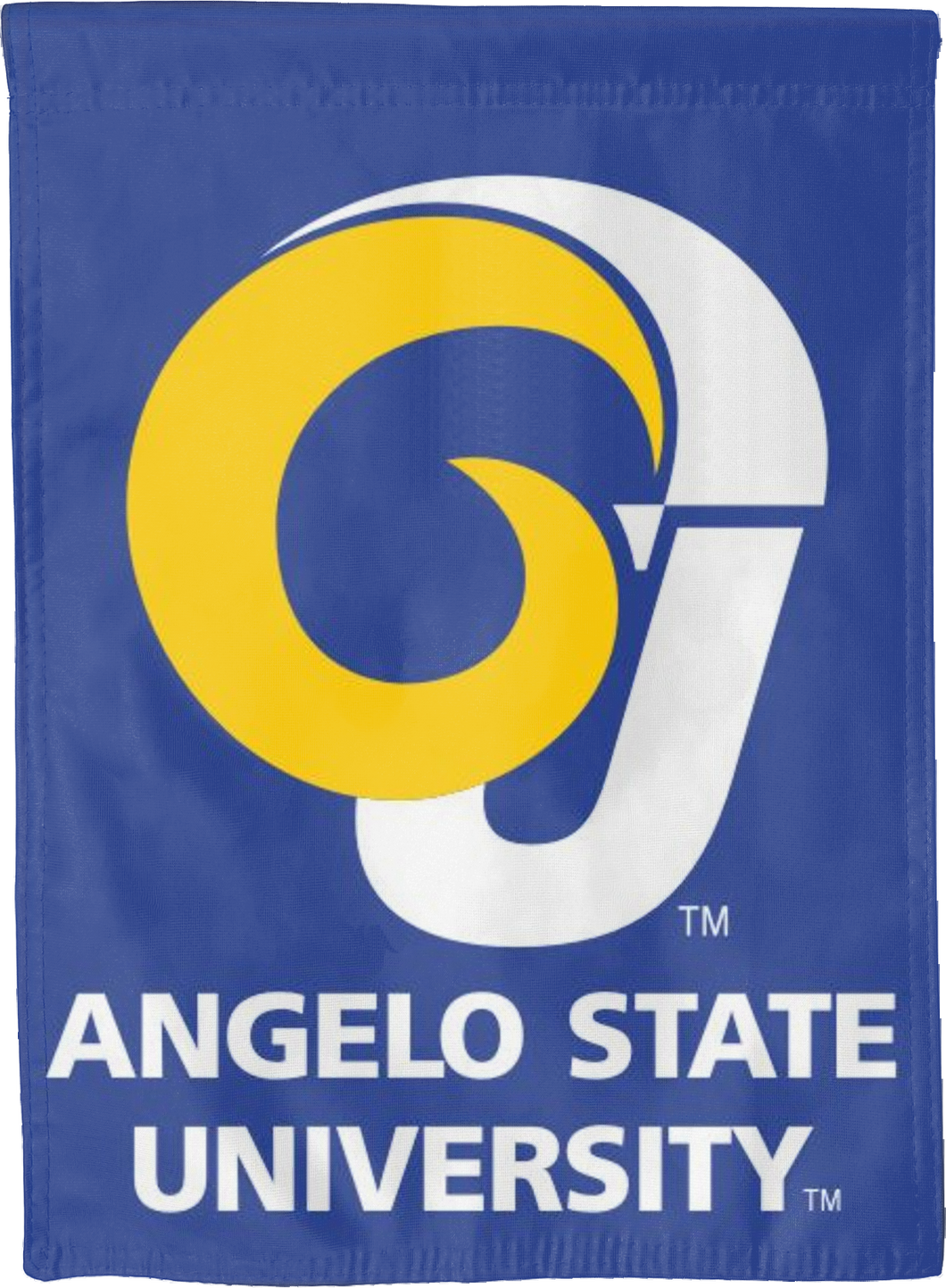 Blue 30x40 inch long Angelo State University House Flag with Rams Logo