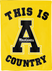 Gold 30x40 inch long Appalachian State University house flag with This Is A Mountaineers Country Logo