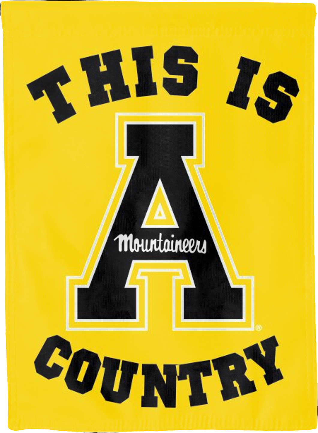 Gold 30x40 inch long Appalachian State University house flag with This Is A Mountaineers Country Logo