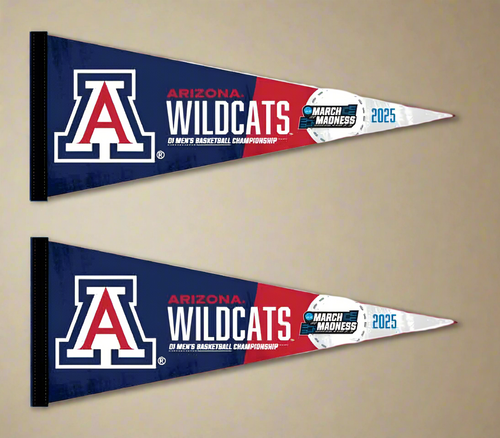 Two blue and red March Madness 2025 Arizona Basketball Pennants for indoor home décor