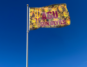 3x5 foot wide Arizona State University ASU Sun devils flag with flames background and two grommets attached to flagpole waving in the wind