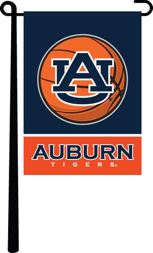 Blue and orange 13x18 Auburn University Basketball Garden Flag hanging on black garden flag stand