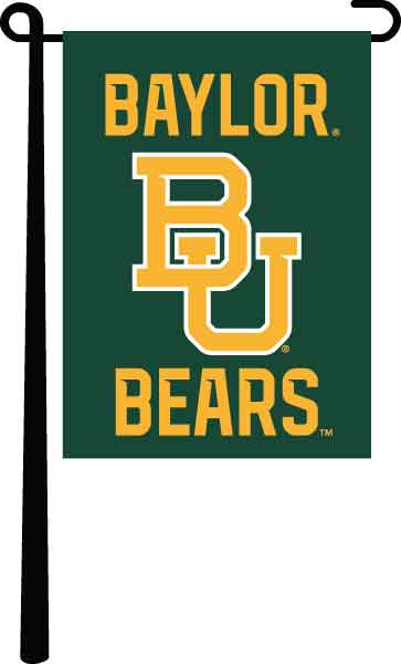 Green 13x18 inch wide Baylor University Garden Flag with Baylor BU Bears Logo hanging on black garden flag stand