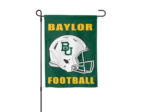 Green 13x18 inch long Baylor University Football Garden Flag hanging on a black garden flag stand