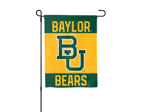 Green 13x18 inch long Baylor University Garden Flag with BU Logo inside Gold square panel on Garden Flag Stand