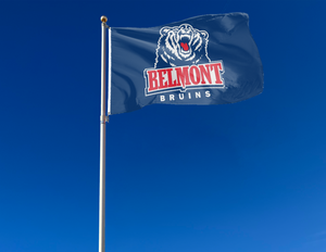 Blue 3x5 foot wide Belmont University Flag with two metal grommets attached to flagpole waving in the wind