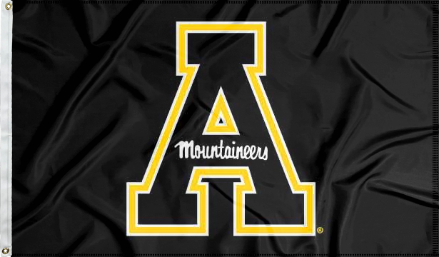 Black 3x5 foot wide Appalachian State University Flag with black A Mountaineers Logo and Two metal grommets