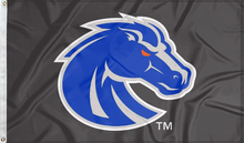 Load image into Gallery viewer, Black 3x5 foot wide Boise State University Flag with blue and gray Bronco head logo and two metal grommets
