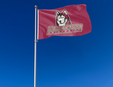 Load image into Gallery viewer, Red 3x5 foot wide Bloomsburg University Flag with two metal grommets attached to flagpole waving in the wind
