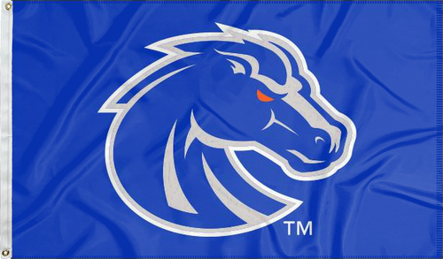 Blue 3x5 foot wide Boise State University flag with gray and blue Bronco head logo and two metal grommets