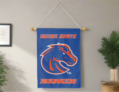 Blue 30x40 inch long Boise State University House Flag hung on a banner pole on a college dorm wall with one plant on the right and left sides