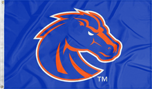 Load image into Gallery viewer, Blue 3x5 foot wide Boise State University Flag with Orange and Blue Bronco and two metal grommets
