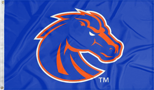 Blue 3x5 foot wide Boise State University Flag with Orange and Blue Bronco and two metal grommets