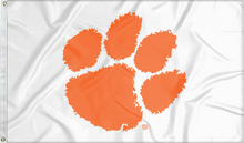 Load image into Gallery viewer, White 3x5 feet wide Clemson University Flag with Orange Paw and two metal grommets
