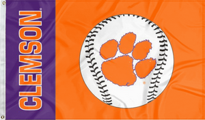 Purple and Orange 3x5 Clemson University Flag with Clemson Baseball Logo and Two Metal Grommets