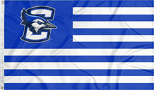 Load image into Gallery viewer, 3x5 feet wide Creighton University Flag with seven blue stripes and six white stripes and two metal grommets
