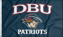 Load image into Gallery viewer, Blue 3x5 foot wide Dallas Baptist University Flag with DBU Patriots logo and two metal grommets
