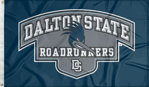 Blue 3x5 foot wide Dalton State College flag with grey Dalton State Roadrunners DS logo and two metal grommets