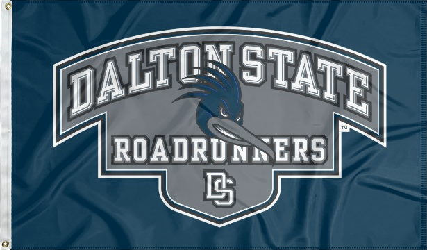 Blue 3x5 foot wide Dalton State College flag with grey Dalton State Roadrunners DS logo and two metal grommets