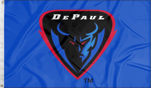 Blue 3x5 foot wide DePaul University Flag with DePaul Demon Head logo and two metal grommets