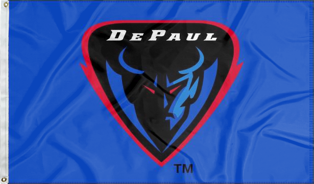 Blue 3x5 foot wide DePaul University Flag with DePaul Demon Head logo and two metal grommets