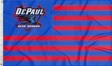 Load image into Gallery viewer, 3x5 foot wide DePaul University Flag with DePaul Blue Demons Logo seven blue stripes six red stripes and two metal grommets
